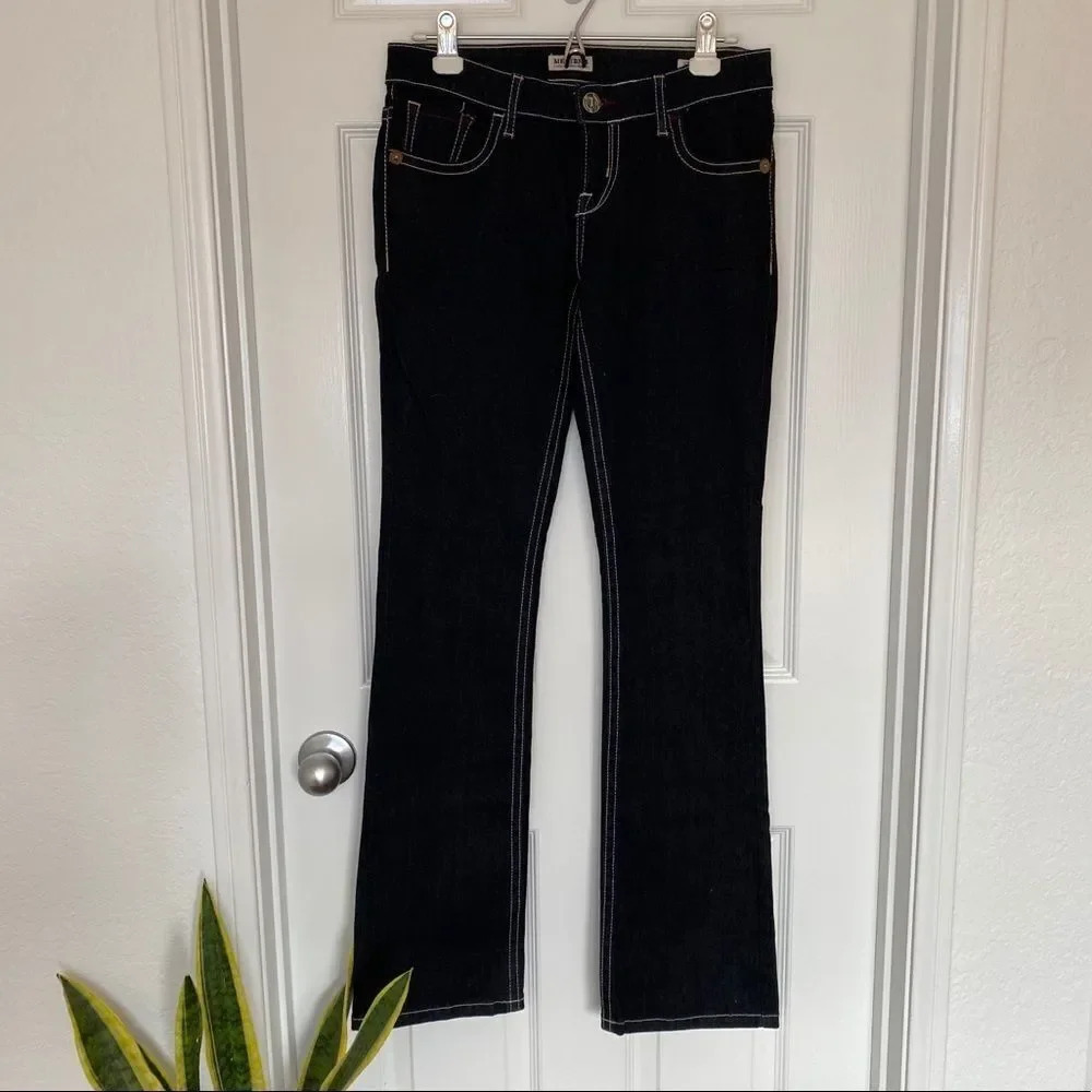 NWT Mek Denim Getty Slim Boot Dark Wash White Stitch Wide Leg Women’s Jeans
